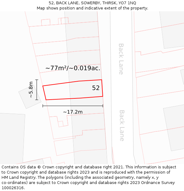 52, BACK LANE, SOWERBY, THIRSK, YO7 1NQ: Plot and title map
