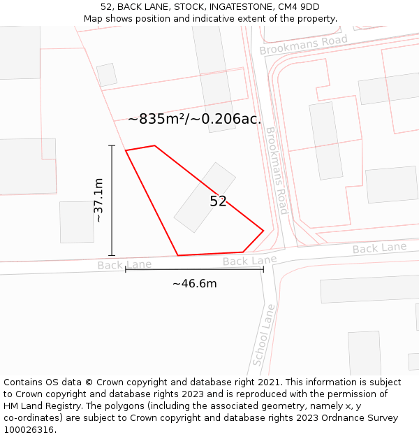 52, BACK LANE, STOCK, INGATESTONE, CM4 9DD: Plot and title map