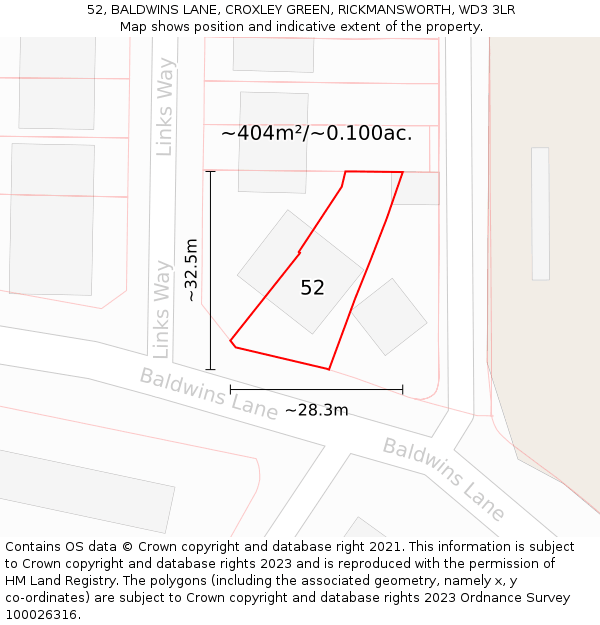 52, BALDWINS LANE, CROXLEY GREEN, RICKMANSWORTH, WD3 3LR: Plot and title map