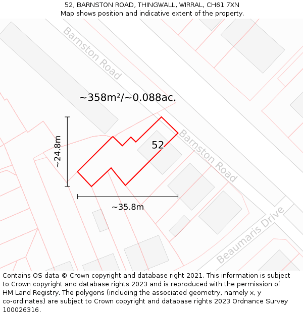 52, BARNSTON ROAD, THINGWALL, WIRRAL, CH61 7XN: Plot and title map