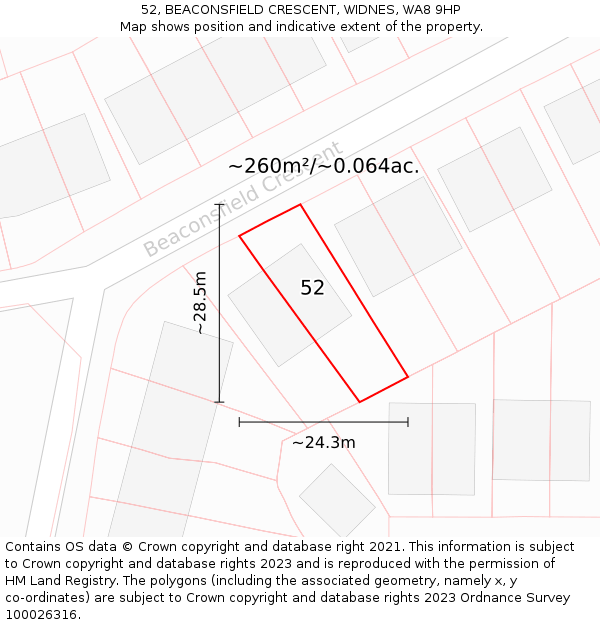 52, BEACONSFIELD CRESCENT, WIDNES, WA8 9HP: Plot and title map