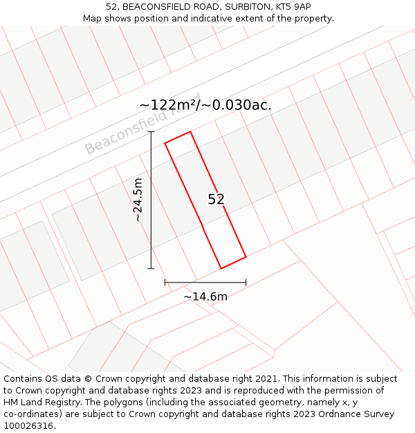 52, BEACONSFIELD ROAD, SURBITON, KT5 9AP: Plot and title map