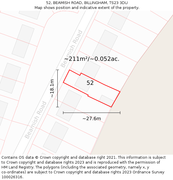 52, BEAMISH ROAD, BILLINGHAM, TS23 3DU: Plot and title map