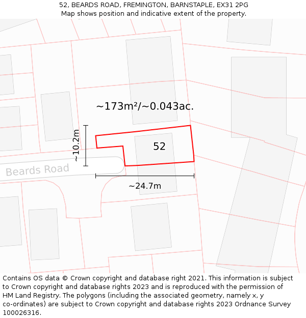 52, BEARDS ROAD, FREMINGTON, BARNSTAPLE, EX31 2PG: Plot and title map