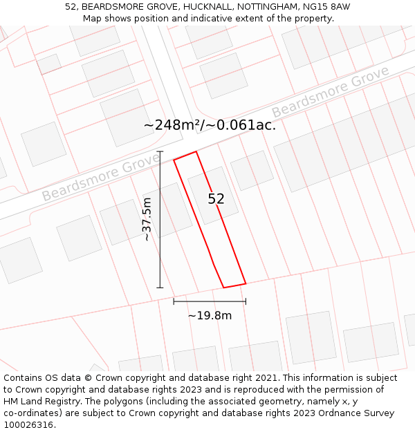 52, BEARDSMORE GROVE, HUCKNALL, NOTTINGHAM, NG15 8AW: Plot and title map