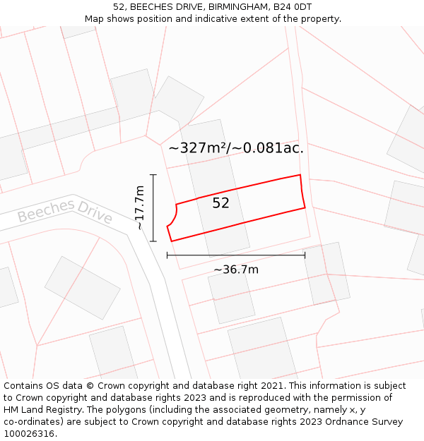52, BEECHES DRIVE, BIRMINGHAM, B24 0DT: Plot and title map