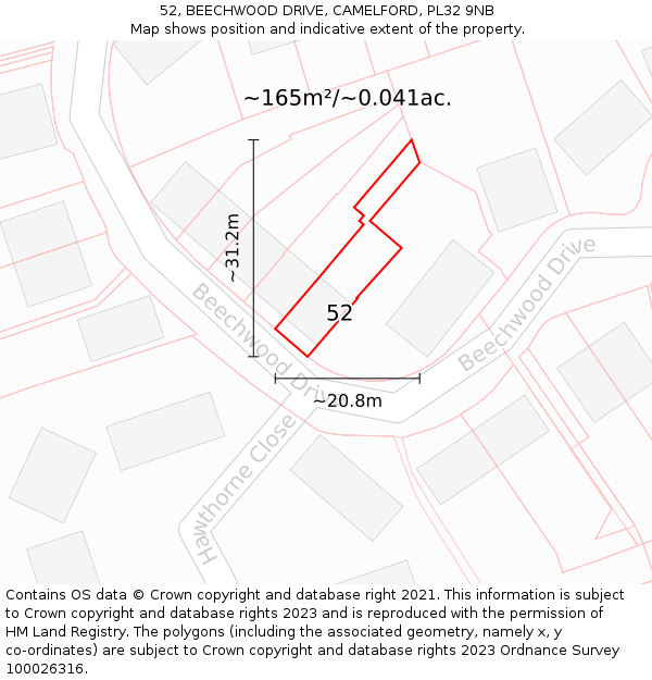 52, BEECHWOOD DRIVE, CAMELFORD, PL32 9NB: Plot and title map