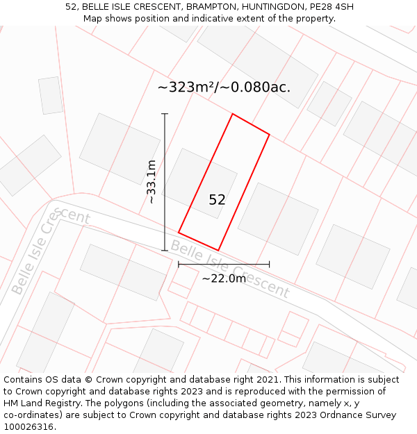 52, BELLE ISLE CRESCENT, BRAMPTON, HUNTINGDON, PE28 4SH: Plot and title map