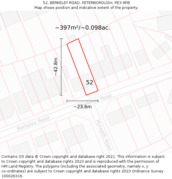 52, BERKELEY ROAD, PETERBOROUGH, PE3 9PB: Plot and title map