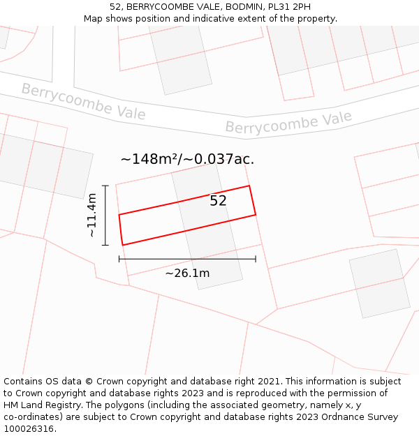 52, BERRYCOOMBE VALE, BODMIN, PL31 2PH: Plot and title map