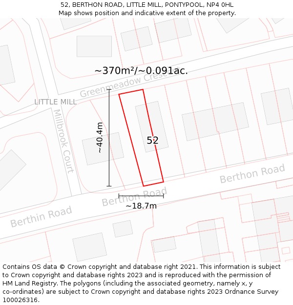 52, BERTHON ROAD, LITTLE MILL, PONTYPOOL, NP4 0HL: Plot and title map
