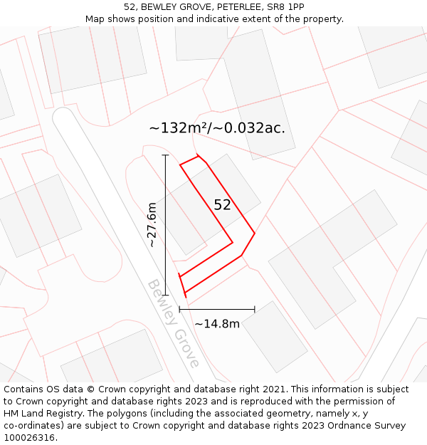 52, BEWLEY GROVE, PETERLEE, SR8 1PP: Plot and title map
