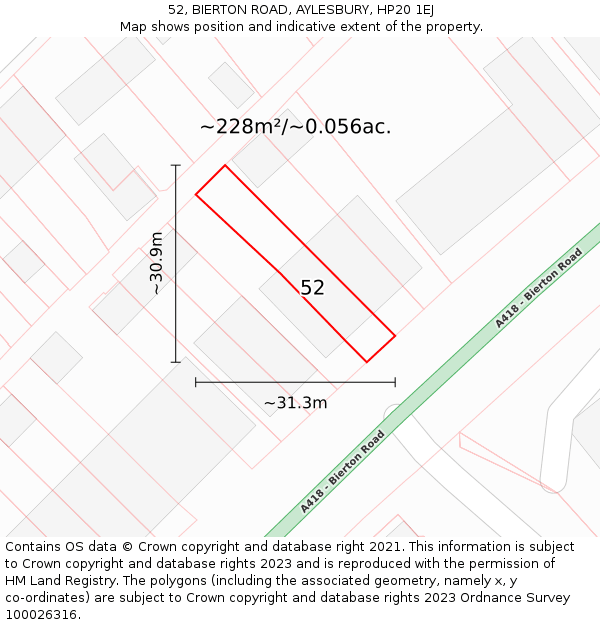 52, BIERTON ROAD, AYLESBURY, HP20 1EJ: Plot and title map