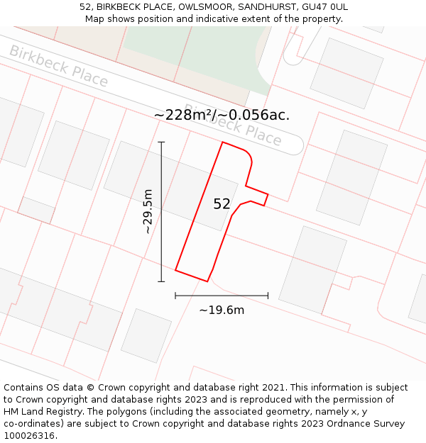 52, BIRKBECK PLACE, OWLSMOOR, SANDHURST, GU47 0UL: Plot and title map