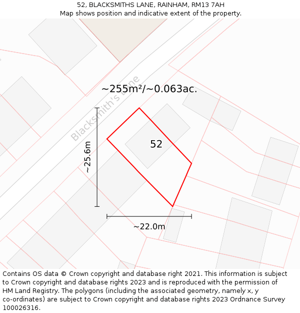 52, BLACKSMITHS LANE, RAINHAM, RM13 7AH: Plot and title map