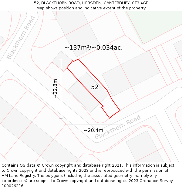52, BLACKTHORN ROAD, HERSDEN, CANTERBURY, CT3 4GB: Plot and title map