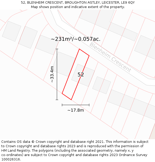 52, BLENHEIM CRESCENT, BROUGHTON ASTLEY, LEICESTER, LE9 6QY: Plot and title map