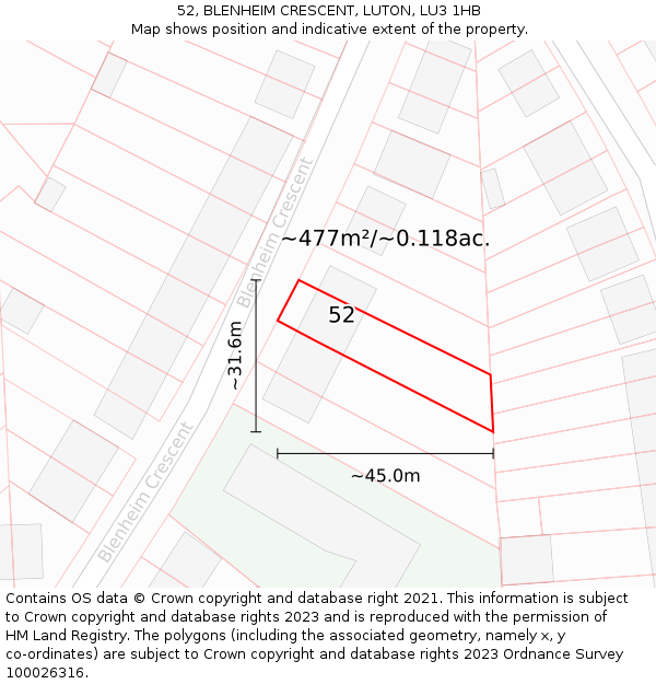 52, BLENHEIM CRESCENT, LUTON, LU3 1HB: Plot and title map