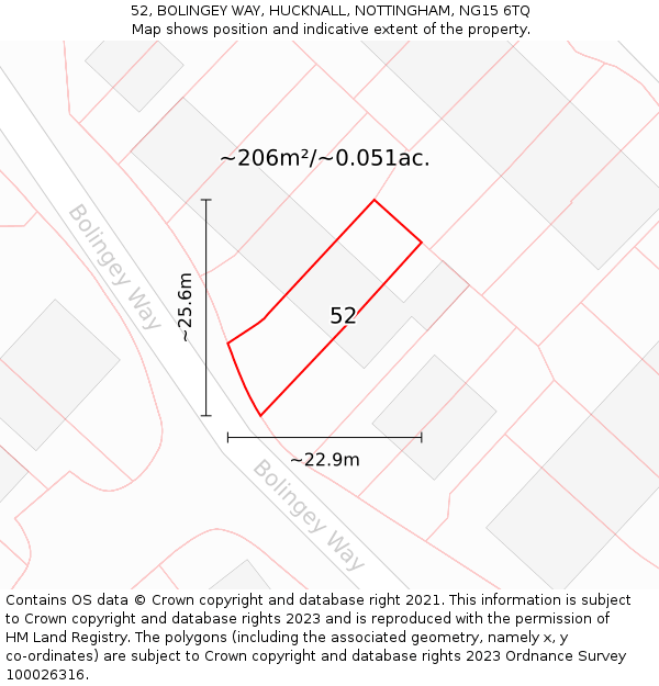 52, BOLINGEY WAY, HUCKNALL, NOTTINGHAM, NG15 6TQ: Plot and title map