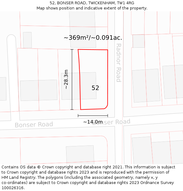 52, BONSER ROAD, TWICKENHAM, TW1 4RG: Plot and title map