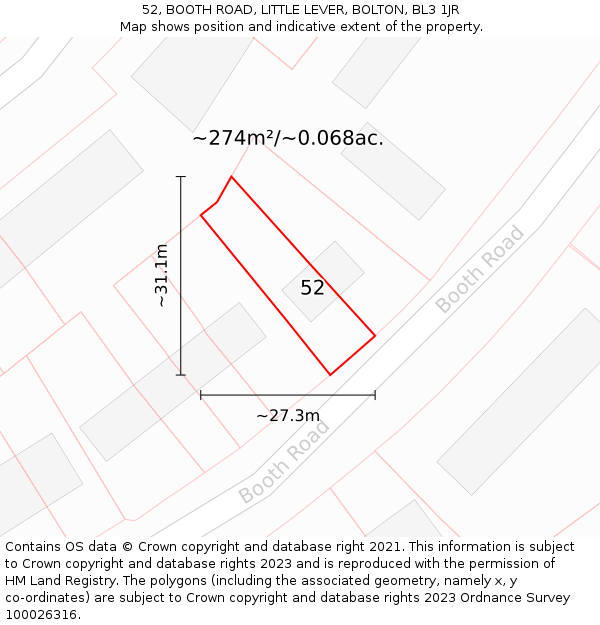 52, BOOTH ROAD, LITTLE LEVER, BOLTON, BL3 1JR: Plot and title map