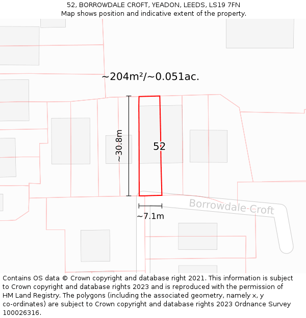 52, BORROWDALE CROFT, YEADON, LEEDS, LS19 7FN: Plot and title map