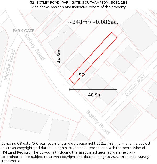 52, BOTLEY ROAD, PARK GATE, SOUTHAMPTON, SO31 1BB: Plot and title map