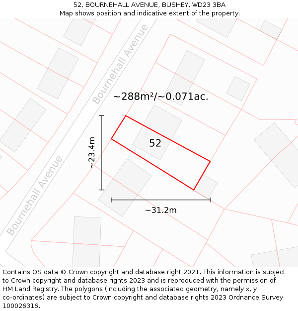 52, BOURNEHALL AVENUE, BUSHEY, WD23 3BA: Plot and title map