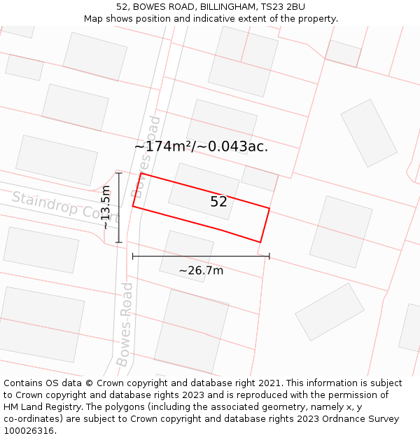 52, BOWES ROAD, BILLINGHAM, TS23 2BU: Plot and title map