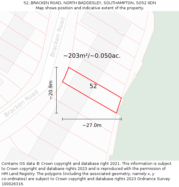 52, BRACKEN ROAD, NORTH BADDESLEY, SOUTHAMPTON, SO52 9DN: Plot and title map