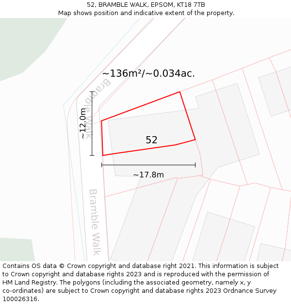 52, BRAMBLE WALK, EPSOM, KT18 7TB: Plot and title map