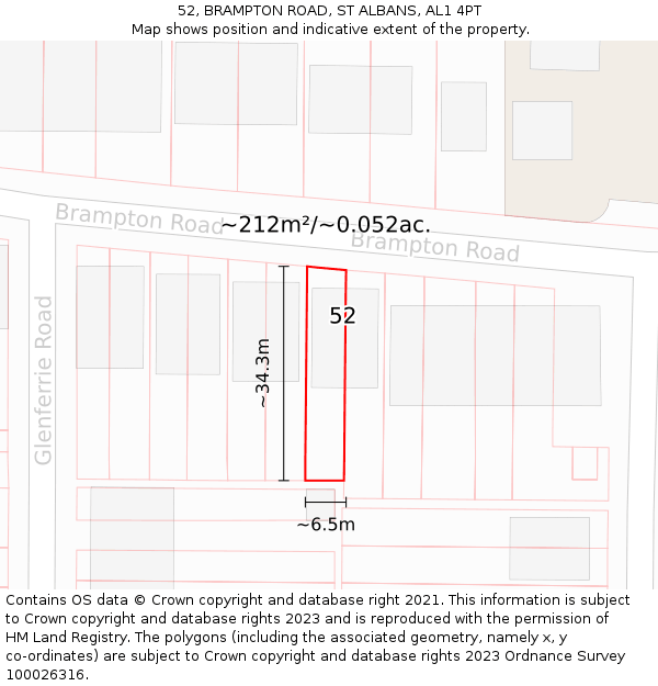 52, BRAMPTON ROAD, ST ALBANS, AL1 4PT: Plot and title map
