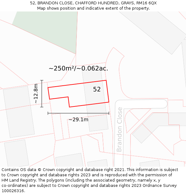 52, BRANDON CLOSE, CHAFFORD HUNDRED, GRAYS, RM16 6QX: Plot and title map