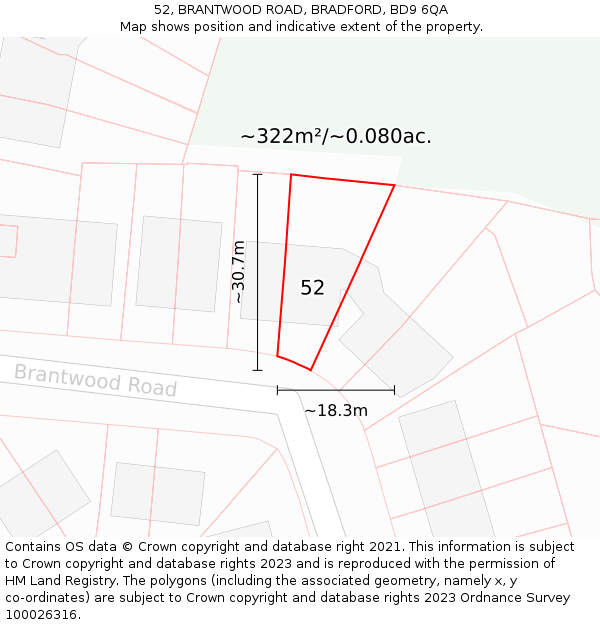 52, BRANTWOOD ROAD, BRADFORD, BD9 6QA: Plot and title map
