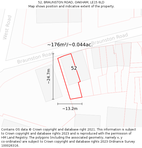 52, BRAUNSTON ROAD, OAKHAM, LE15 6LD: Plot and title map