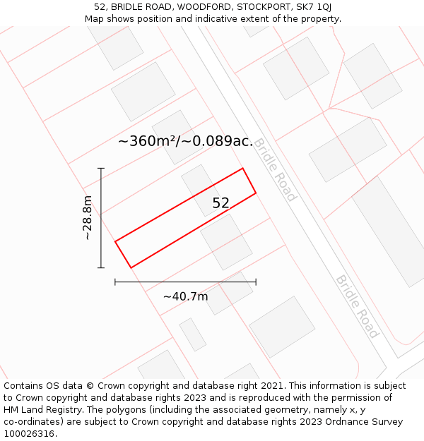 52, BRIDLE ROAD, WOODFORD, STOCKPORT, SK7 1QJ: Plot and title map