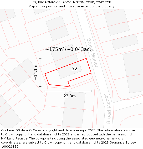 52, BROADMANOR, POCKLINGTON, YORK, YO42 2GB: Plot and title map