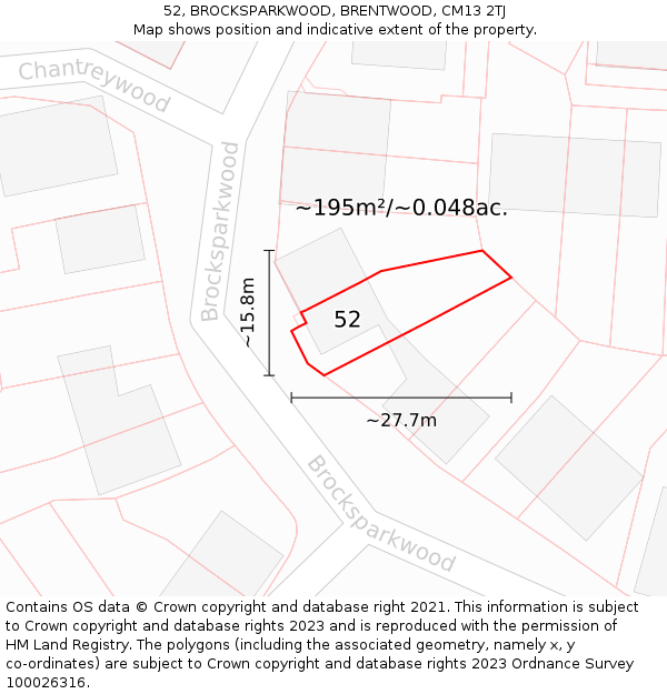 52, BROCKSPARKWOOD, BRENTWOOD, CM13 2TJ: Plot and title map