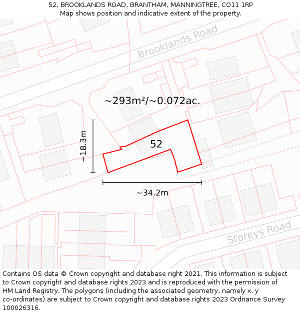 52, BROOKLANDS ROAD, BRANTHAM, MANNINGTREE, CO11 1RP: Plot and title map