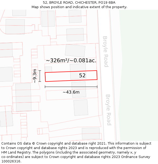 52, BROYLE ROAD, CHICHESTER, PO19 6BA: Plot and title map
