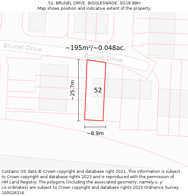 52, BRUNEL DRIVE, BIGGLESWADE, SG18 8BH: Plot and title map