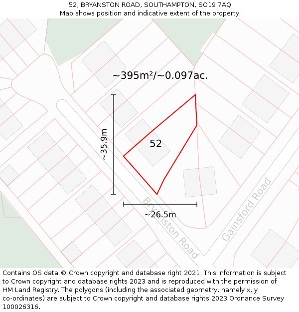 52, BRYANSTON ROAD, SOUTHAMPTON, SO19 7AQ: Plot and title map