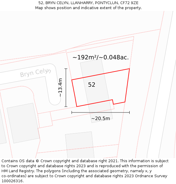 52, BRYN CELYN, LLANHARRY, PONTYCLUN, CF72 9ZE: Plot and title map