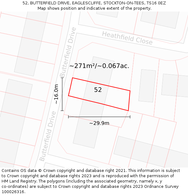 52, BUTTERFIELD DRIVE, EAGLESCLIFFE, STOCKTON-ON-TEES, TS16 0EZ: Plot and title map