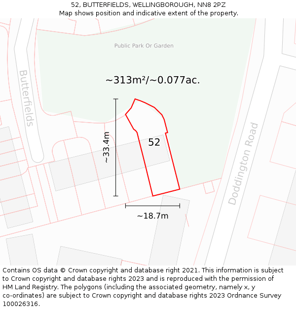 52, BUTTERFIELDS, WELLINGBOROUGH, NN8 2PZ: Plot and title map