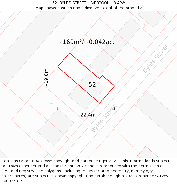 52, BYLES STREET, LIVERPOOL, L8 4PW: Plot and title map