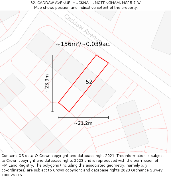52, CADDAW AVENUE, HUCKNALL, NOTTINGHAM, NG15 7LW: Plot and title map