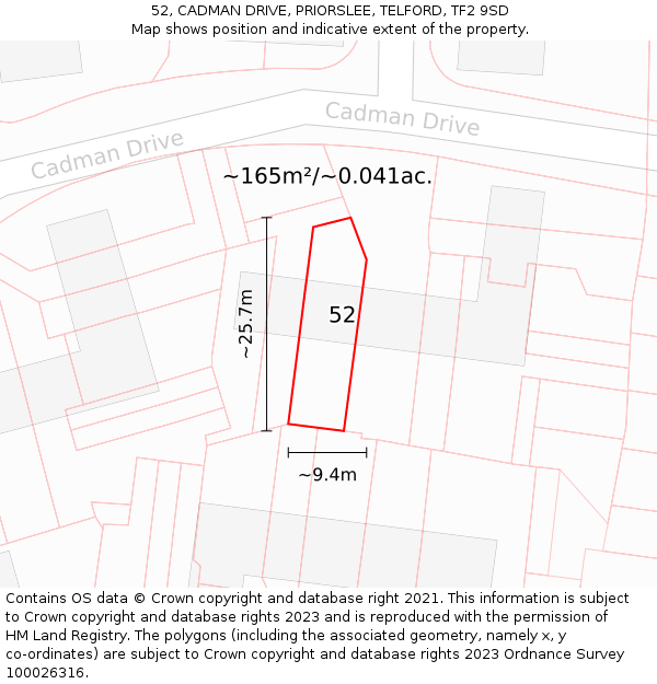 52, CADMAN DRIVE, PRIORSLEE, TELFORD, TF2 9SD: Plot and title map