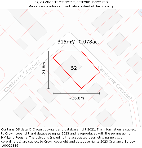 52, CAMBORNE CRESCENT, RETFORD, DN22 7RD: Plot and title map