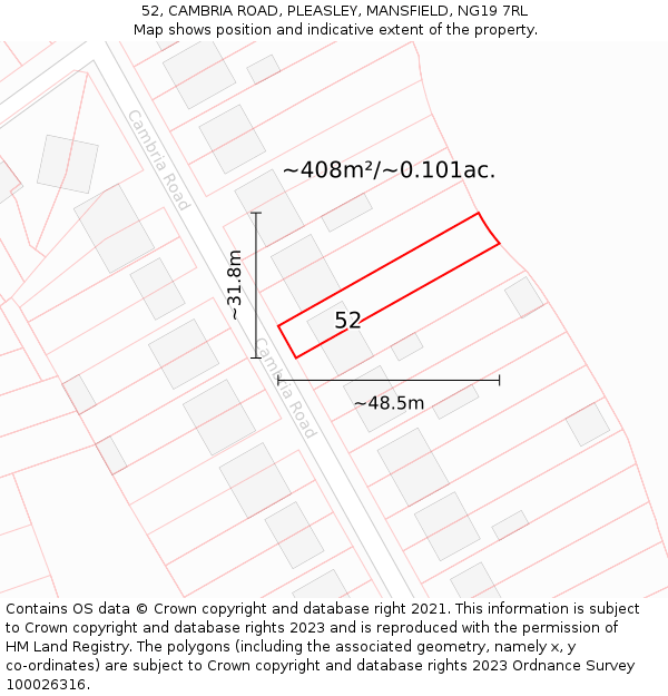 52, CAMBRIA ROAD, PLEASLEY, MANSFIELD, NG19 7RL: Plot and title map
